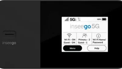 Inseego MiFi X PRO 5G hotspot with touchscreen showing 5G signal and menu
