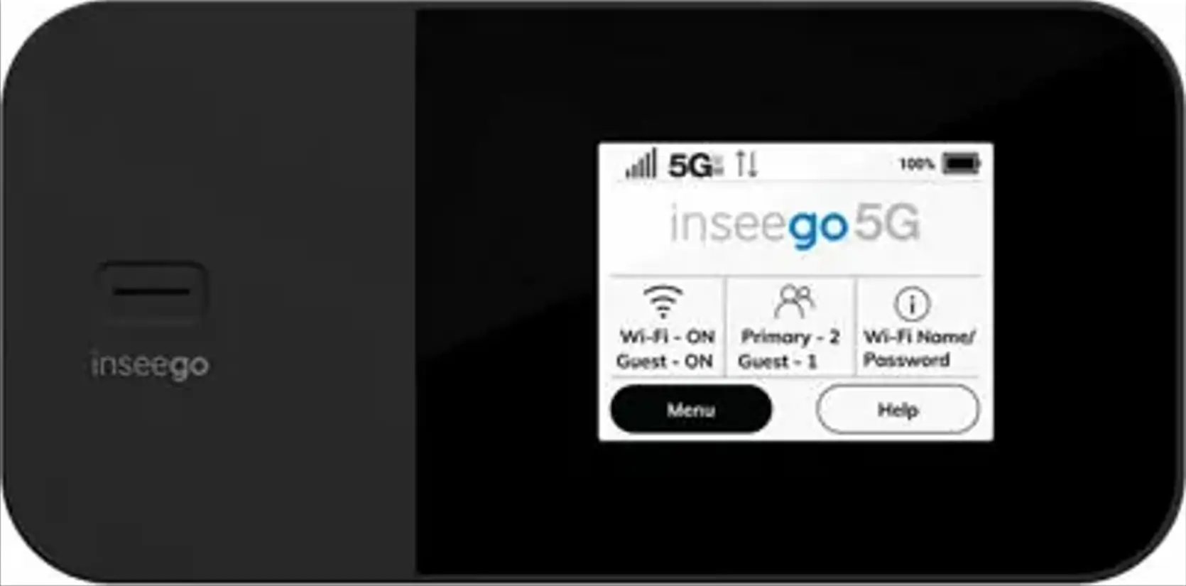 Inseego MiFi X PRO 5G hotspot with touchscreen showing 5G signal and menu