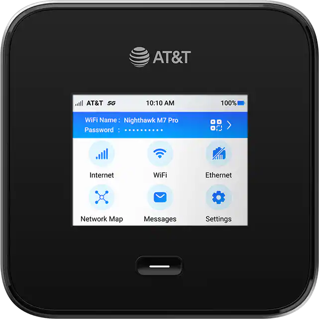 Netgear Nighthawk M7 Pro MR7400 5G mobile router with AT&T branding showing touchscreen home menu