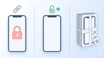 Side-by-side smartphone comparison showing carrier-locked, network-unlocked, and factory-unlocked states with padlock icons in red, green, and retail packaging — illustrating the difference between unlock terminology