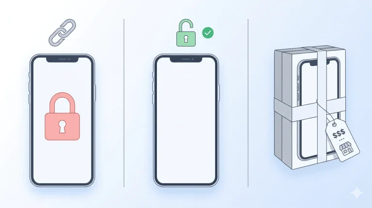 Side-by-side smartphone comparison showing carrier-locked, network-unlocked, and factory-unlocked states with padlock icons in red, green, and retail packaging — illustrating the difference between unlock terminology