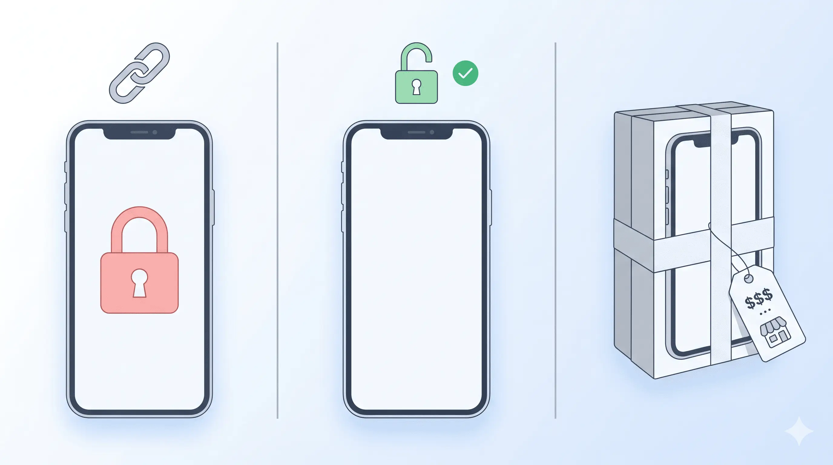 Side-by-side smartphone comparison showing carrier-locked, network-unlocked, and factory-unlocked states with padlock icons in red, green, and retail packaging — illustrating the difference between unlock terminology