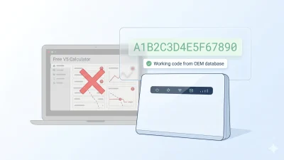Huawei mobile WiFi router with a floating 16-digit V5 NCK unlock code from the OEM database, beside a faded grayed-out free calculator screen marked with a red X — illustrating why free Huawei V5 calculators fail and the legitimate path to a working code