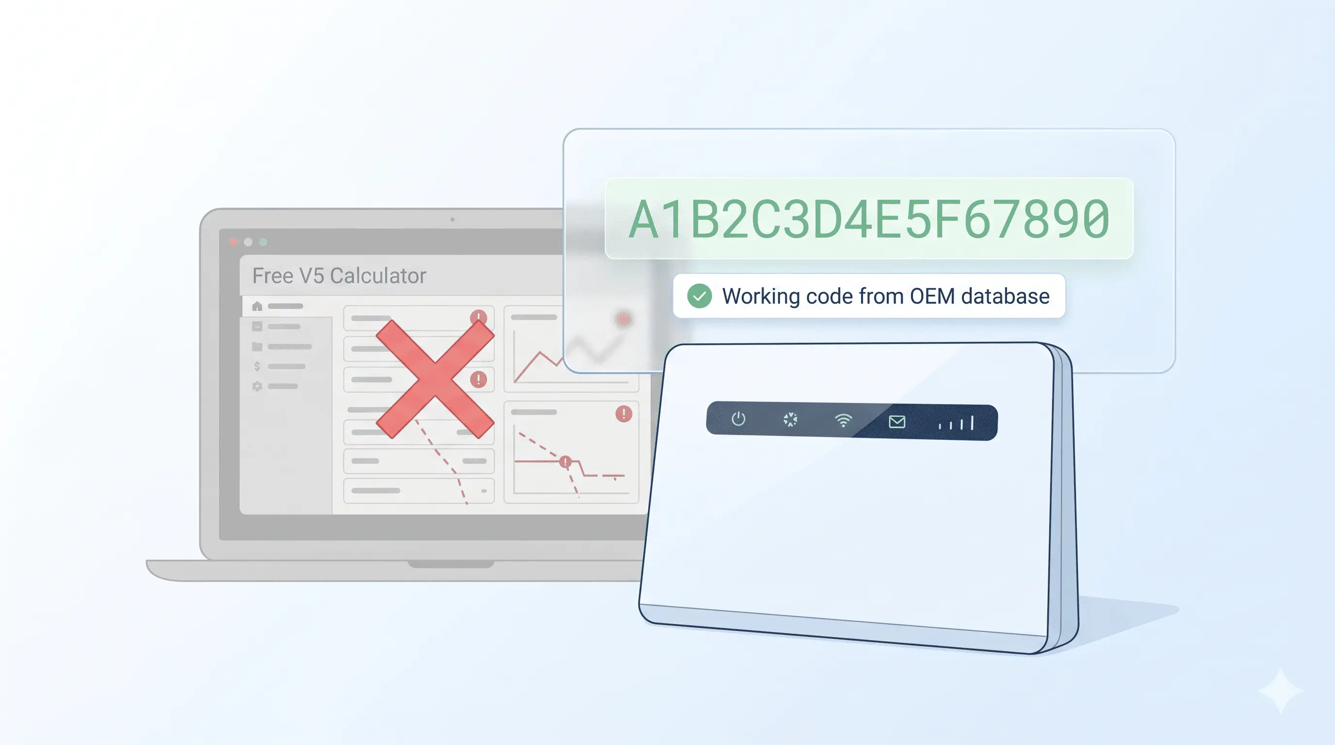 Huawei mobile WiFi router with a floating 16-digit V5 NCK unlock code from the OEM database, beside a faded grayed-out free calculator screen marked with a red X — illustrating why free Huawei V5 calculators fail and the legitimate path to a working code