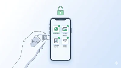 Smartphone showing intact data icons (messages, photos, contacts, Wi-Fi) and an open padlock — illustrating that network unlocking does not erase phone data