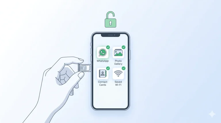 Smartphone showing intact data icons (messages, photos, contacts, Wi-Fi) and an open padlock — illustrating that network unlocking does not erase phone data