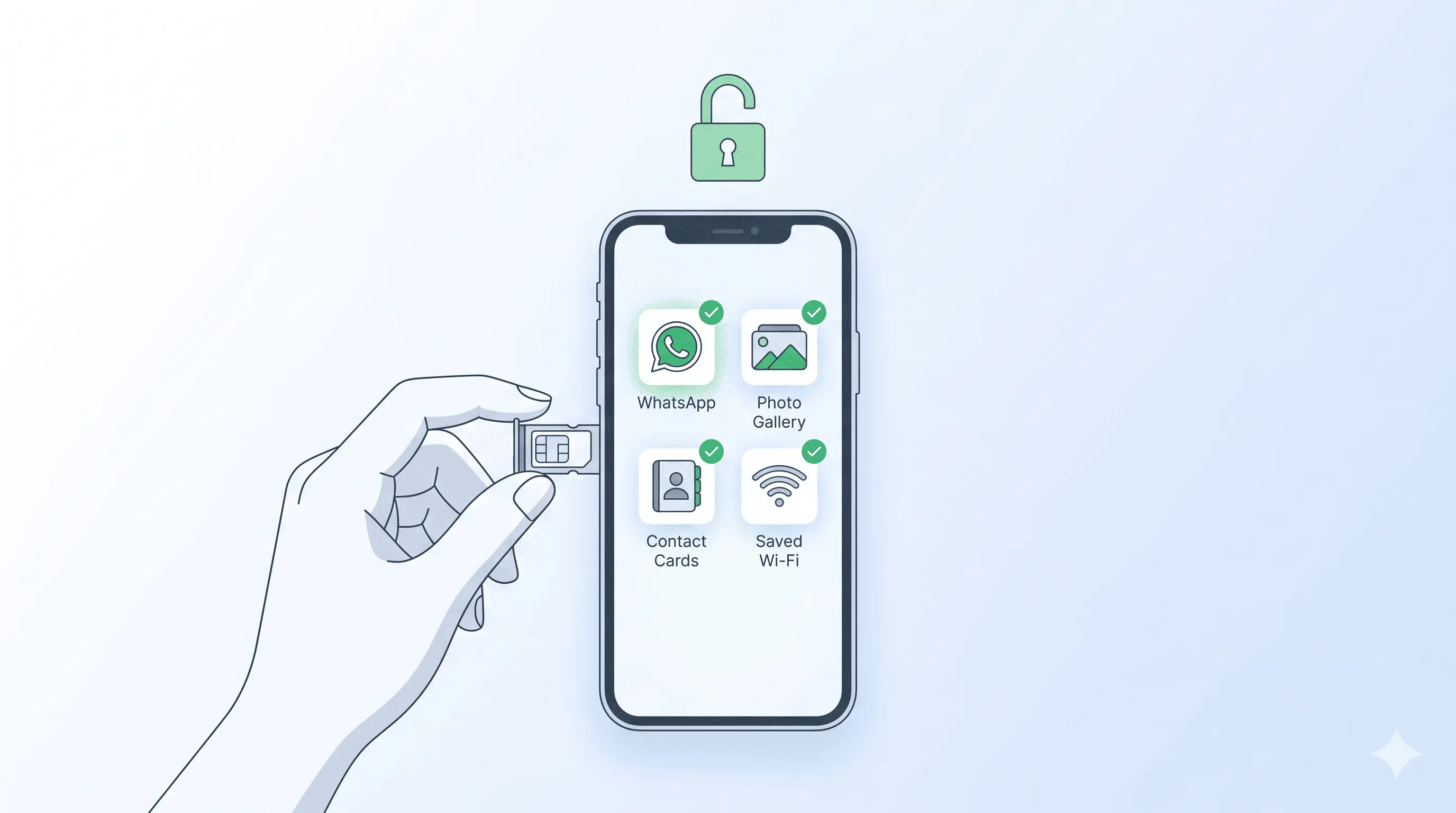 Smartphone showing intact data icons (messages, photos, contacts, Wi-Fi) and an open padlock — illustrating that network unlocking does not erase phone data